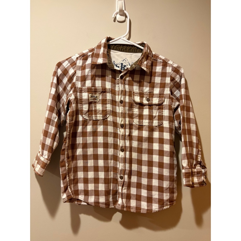 Boys Brown Plaid Osh Kosh Size 8 Button Down 100% Cotton Long Sleeve Shirt Cozy